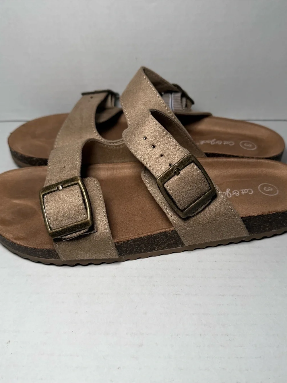 Cat & Jack Double Strap Tan Slip On Girls Summer Sandals 3 Adjustable